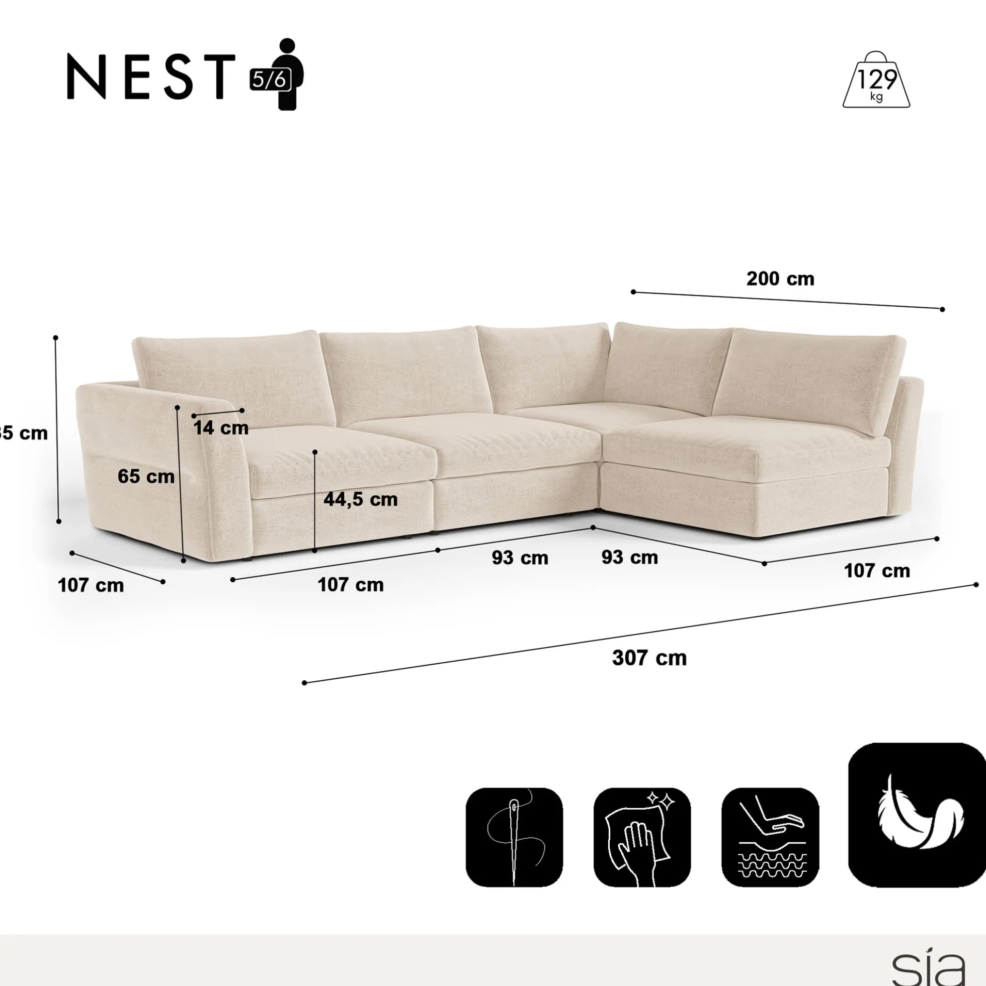 Canapé d'angle droit modulable 5-6 places Nest