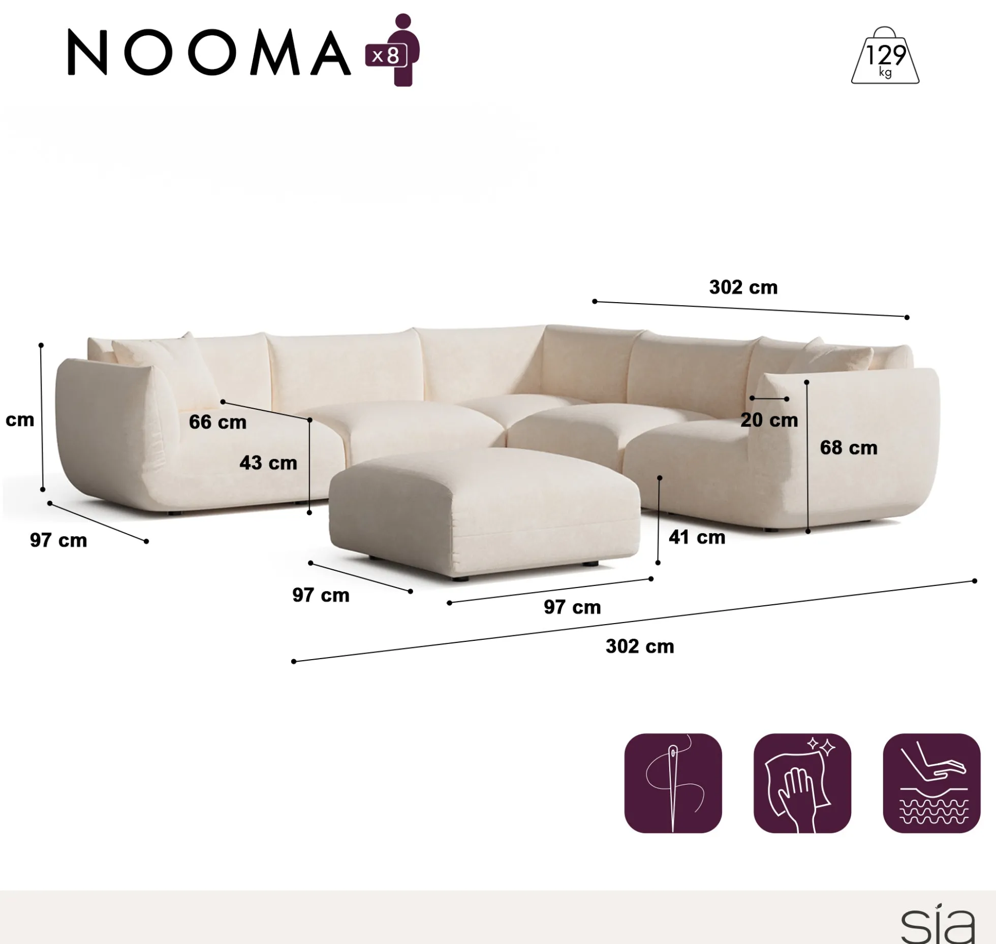 Canapé d'angle panoramique modulable 8 places NOOMA