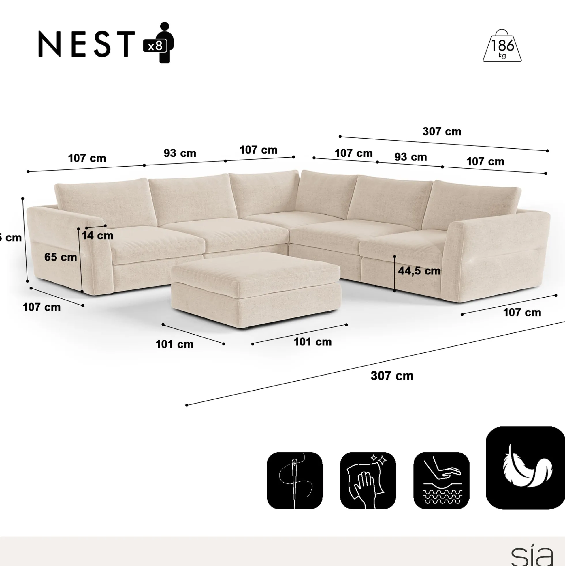 Canapé d'angle panoramique modulable 8 places Nest