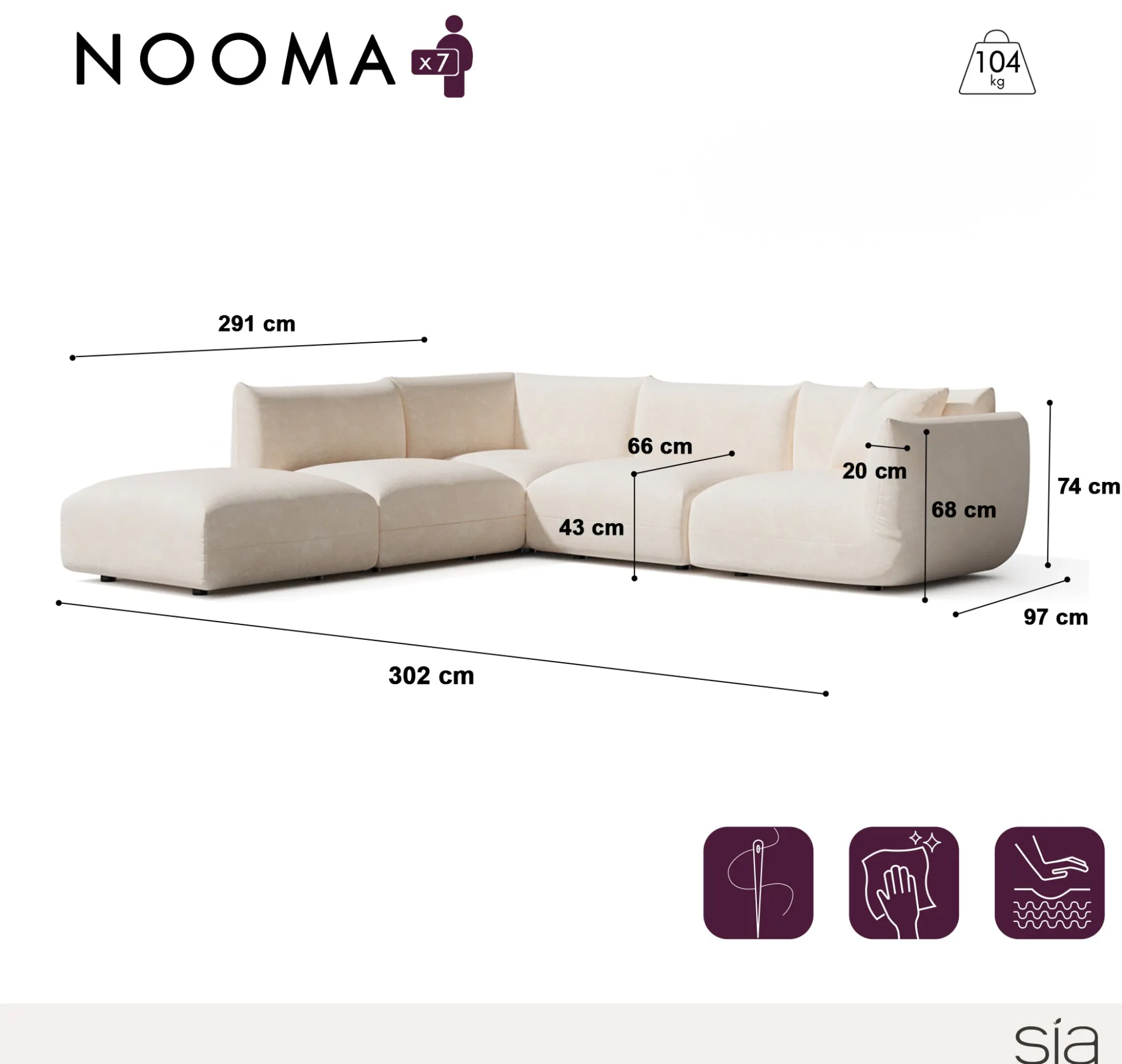 Canapé grand angle gauche modulable 7 places NOOMA